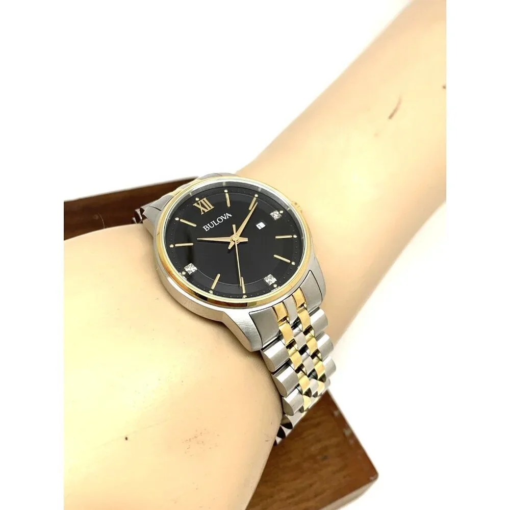 Bulova Women's Watch 98P198 Black Dial Diamond Quartz Two Tone Stainless Steel
